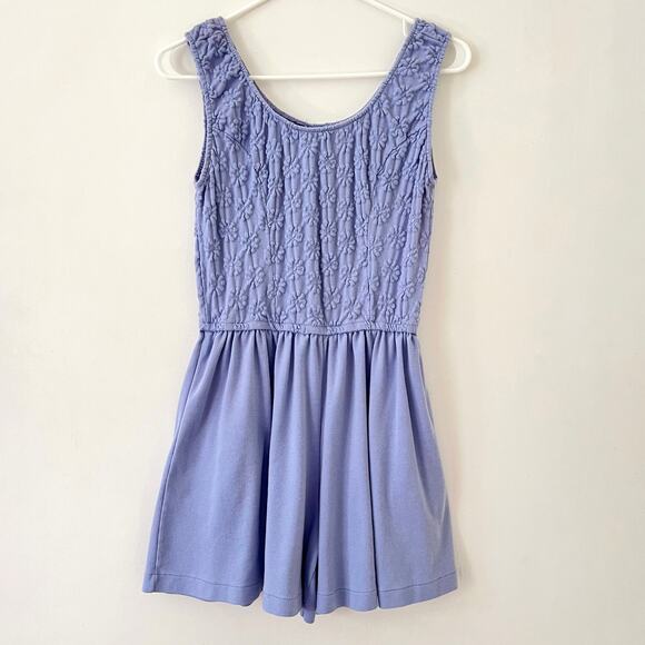 Vintage 80s 90s Periwinkle Sleeveless Romper Floral Embroidery + Pockets / S M - Picture 8 of 10